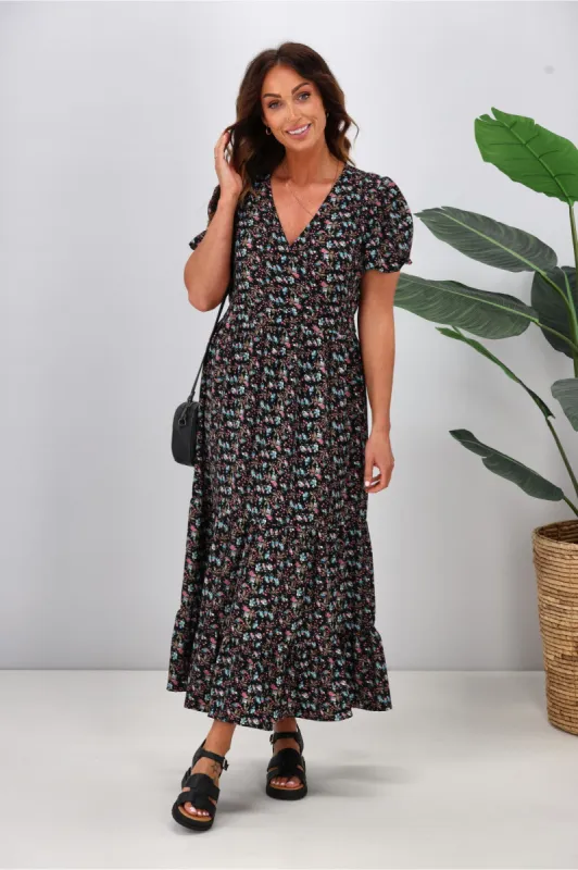 Shine On Label Callista Puff Sleeve Midi Dress Black Natural Ditsy sold by Shine On