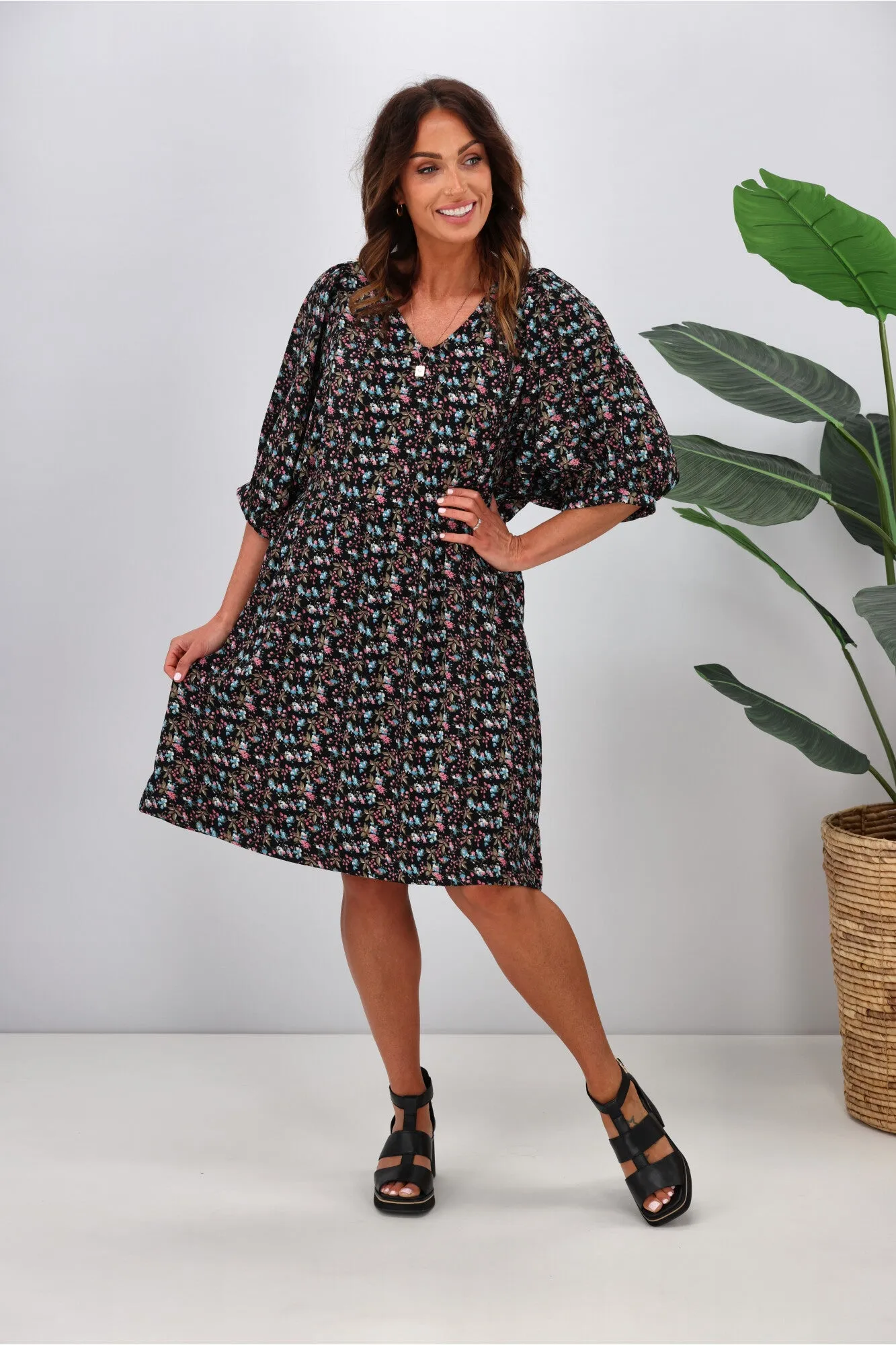 Shine On Label Nova Puff Sleeve Dress Black Ditsy sold by Shine On