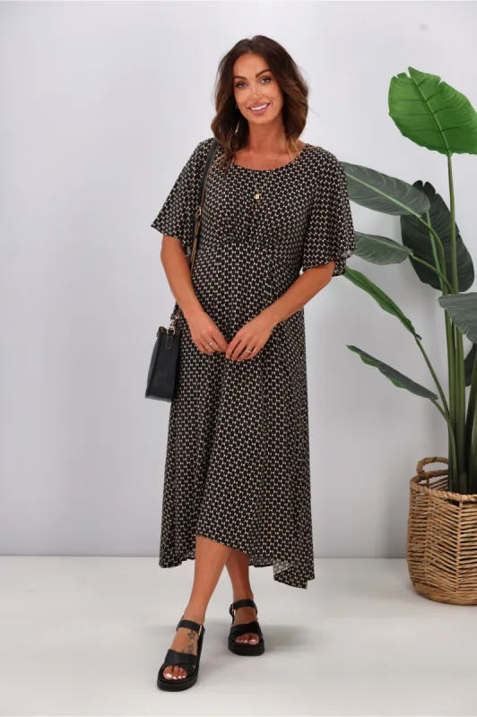 Gloss by Shine On Carlotta Flare Skirt Midi Dress Black Natural Geo Print sold by Shine On