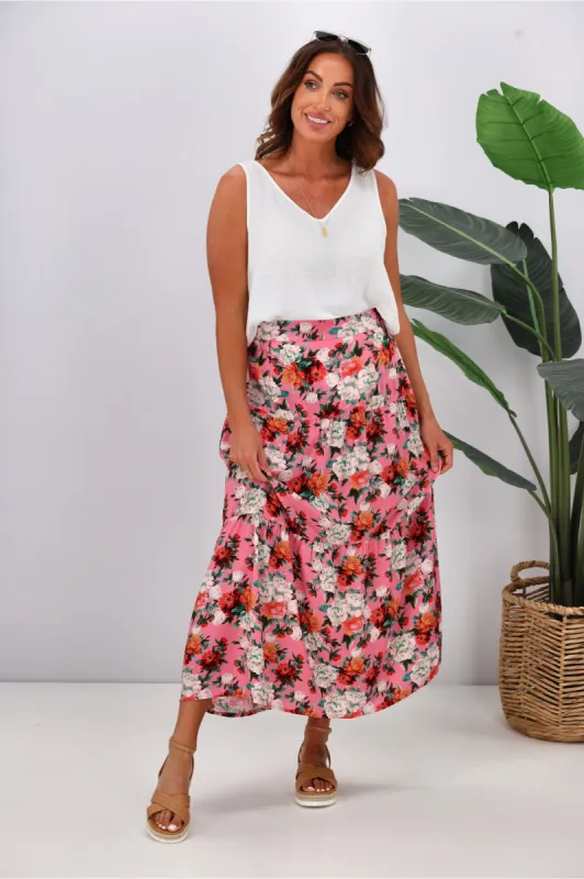 Gloss by Shine On Lucerne Tiered Maxi Skirt Pink Floral sold by Shine On