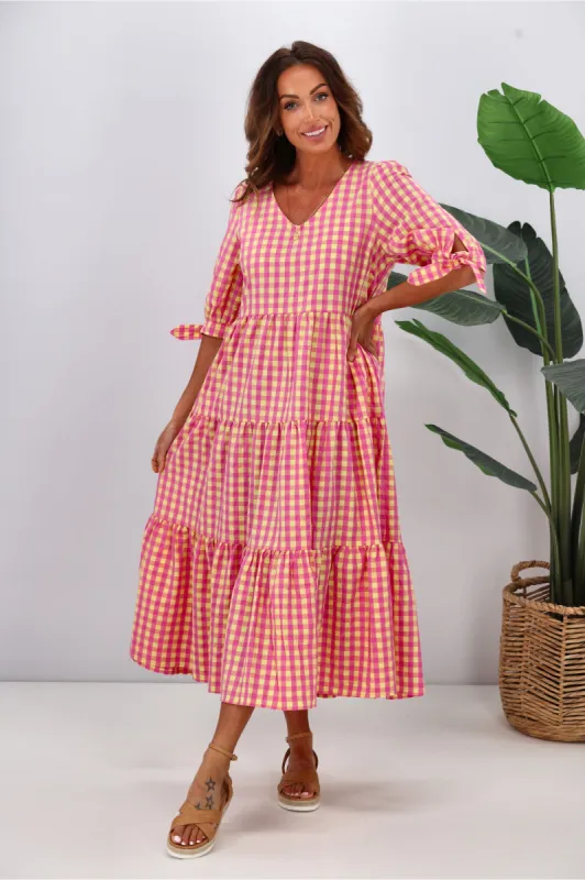 Silver Wishes Gingham Tier Midi Dress Hot Pink Yellow sold by Shine On