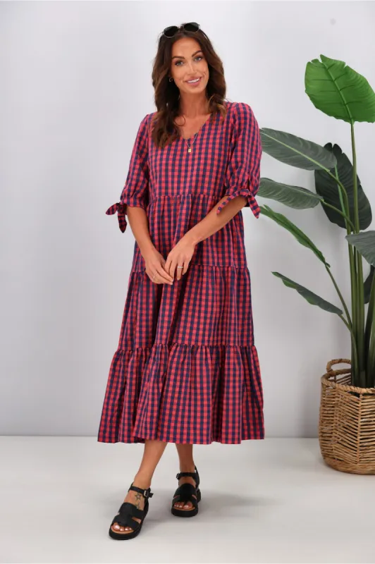Silver Wishes Gingham Tier Midi Dress Navy Pink sold by Shine On