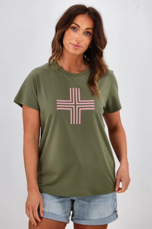 Stella + Gemma T-Shirt Khaki With Pink Cross sold by Shine On