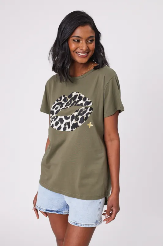 Stella + Gemma T-Shirt Khaki With Leopard Lips sold by Shine On