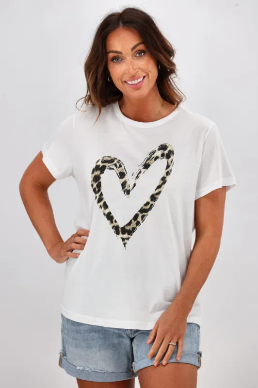 Stella + Gemma T-Shirt White With Leopard Heart sold by Shine On