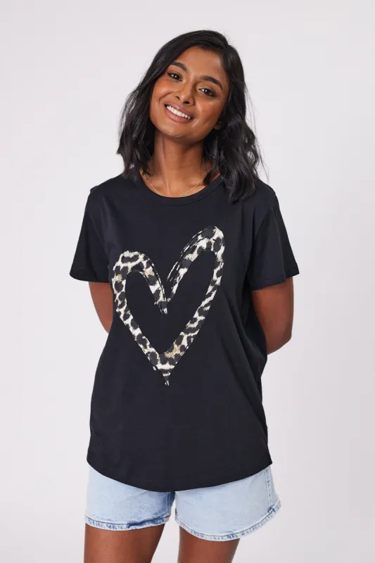 Stella + Gemma T-Shirt Black With Leopard Heart sold by Shine On