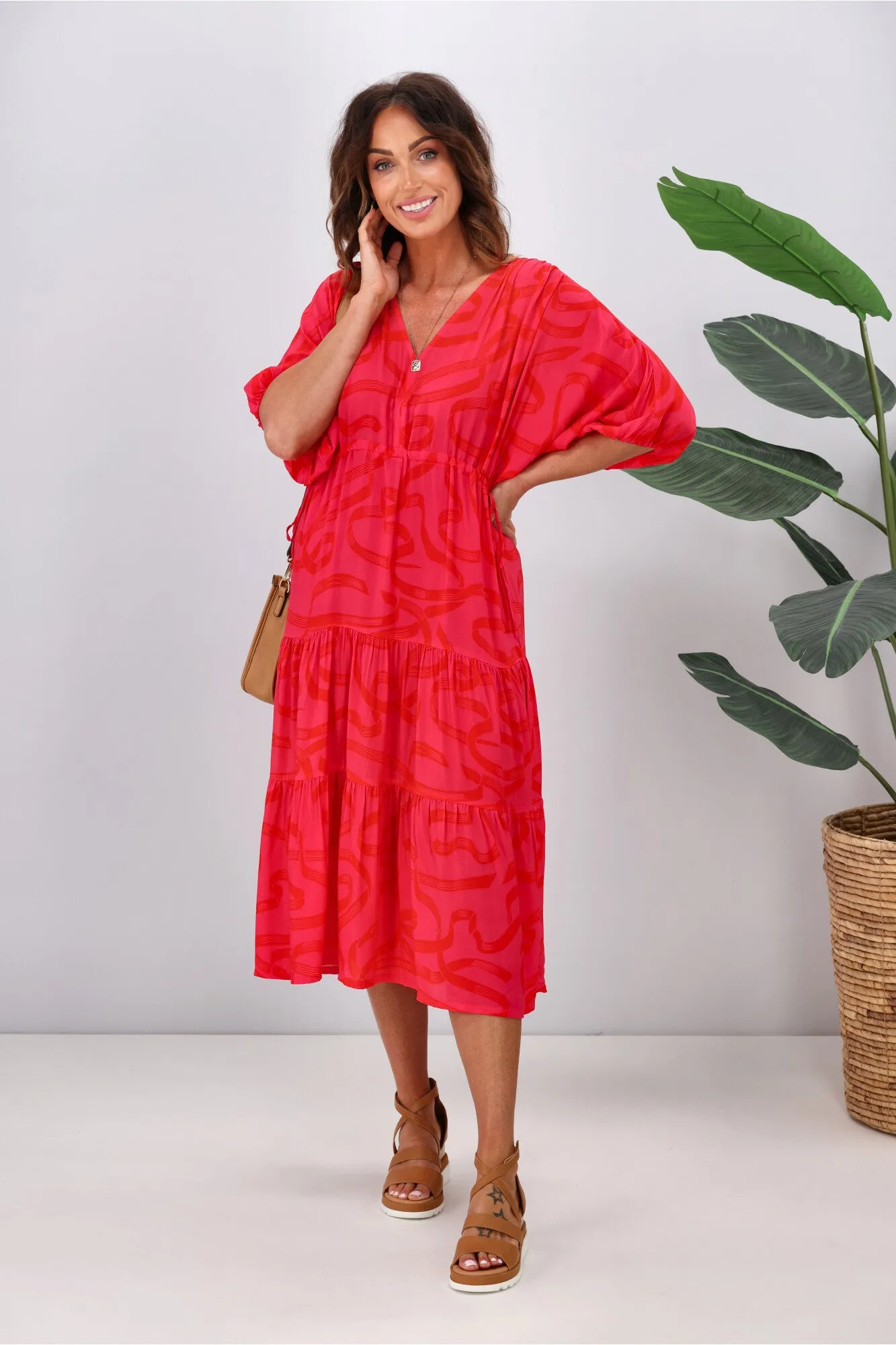 Gloss by Shine On Anna Maxi Tier Dress Pink Red Ribbon Print sold by Shine On product image thumbnail 5