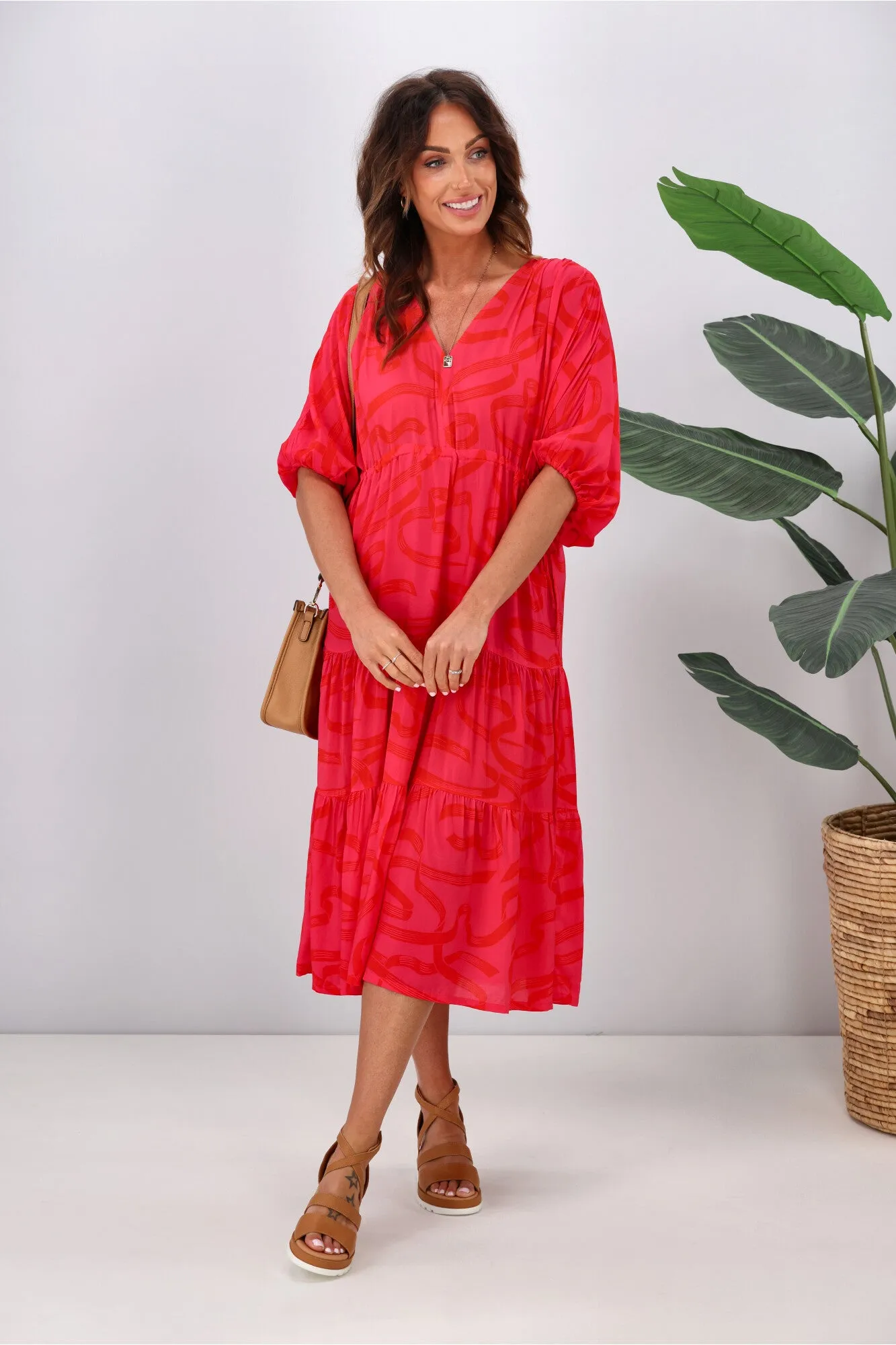 Gloss by Shine On Anna Maxi Tier Dress Pink Red Ribbon Print sold by Shine On product image thumbnail 4