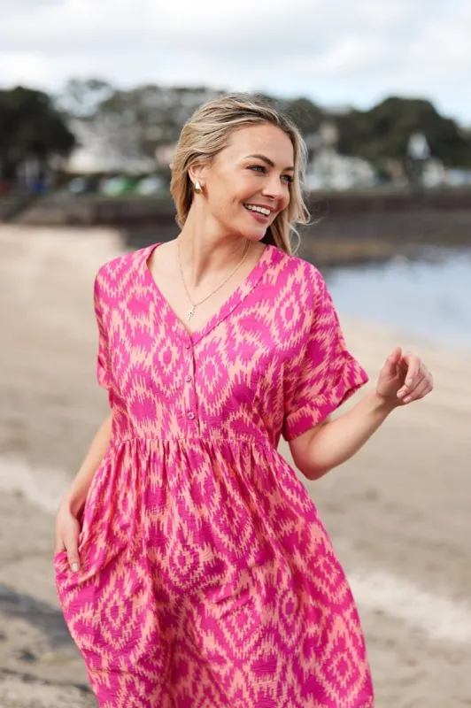 Gloss by Shine On Joy Buttoned Midi Dress Pink Orange Abstract Print sold by Shine On