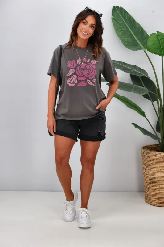Shine On Label Roses Tee Charcoal sold by Shine On