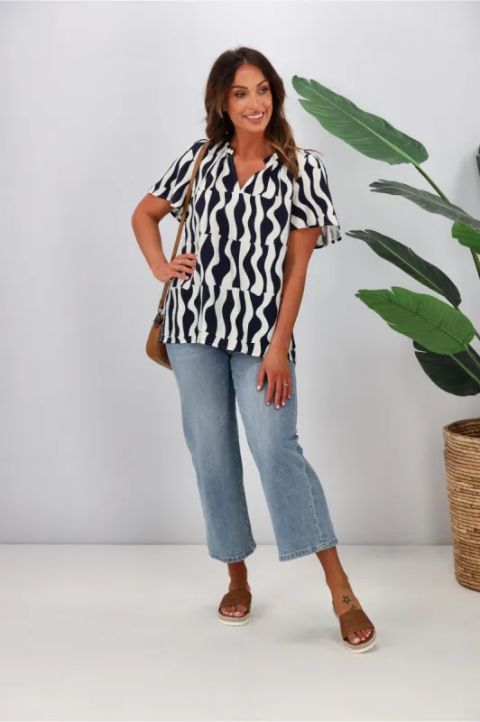 Gloss by Shine On Celeste Flutter Sleeve Blouse Midnight White Geo sold by Shine On