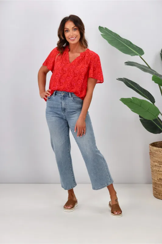 Gloss by Shine On Celeste Flutter Sleeve Blouse Pink Red Geo sold by Shine On