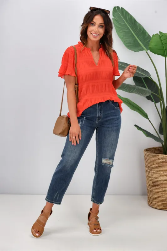 Gloss by Shine On Ontario Pleated Top Coral sold by Shine On