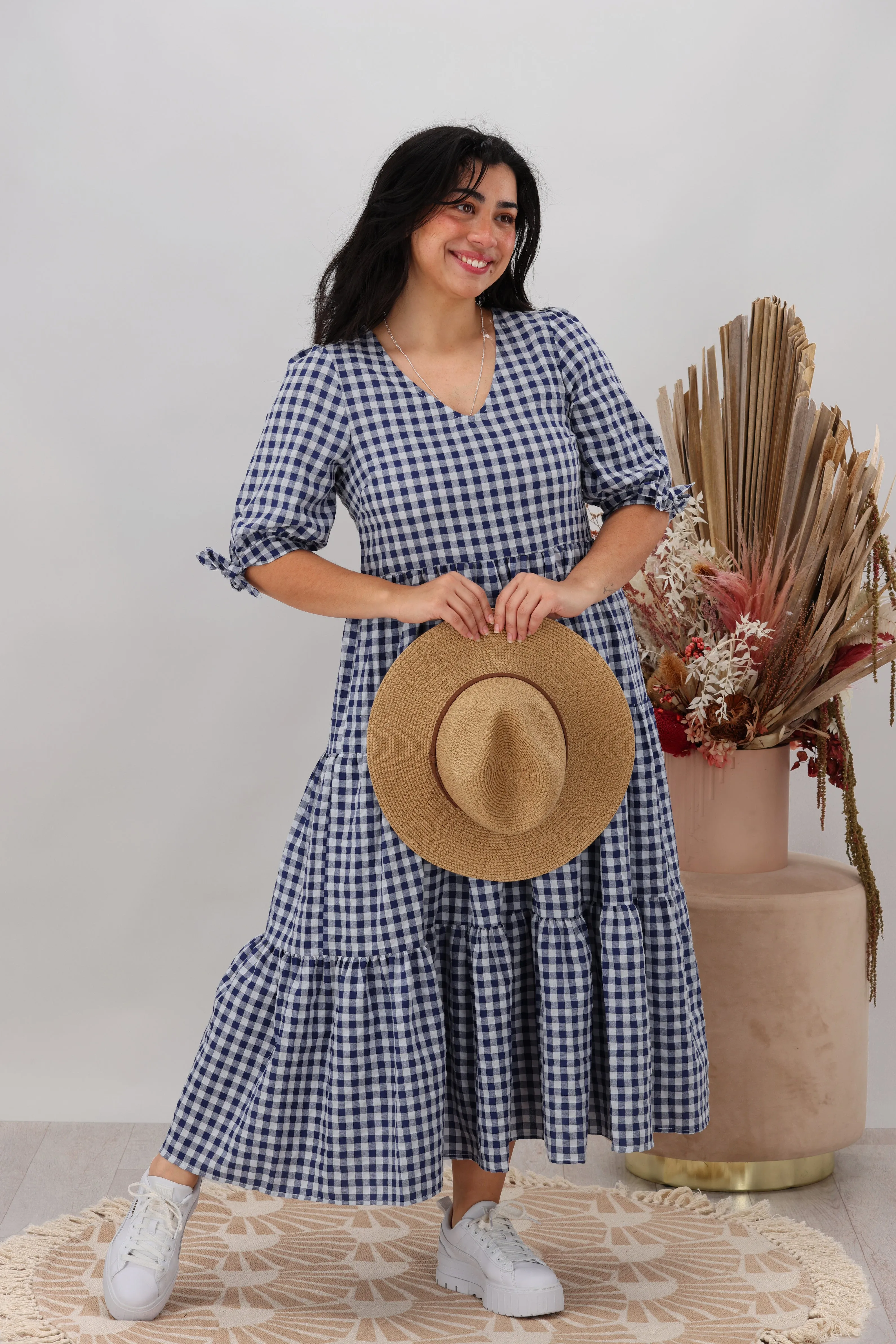 Silver Wishes Gingham Tier Midi Dress Navy sold by Shine On product image thumbnail 3