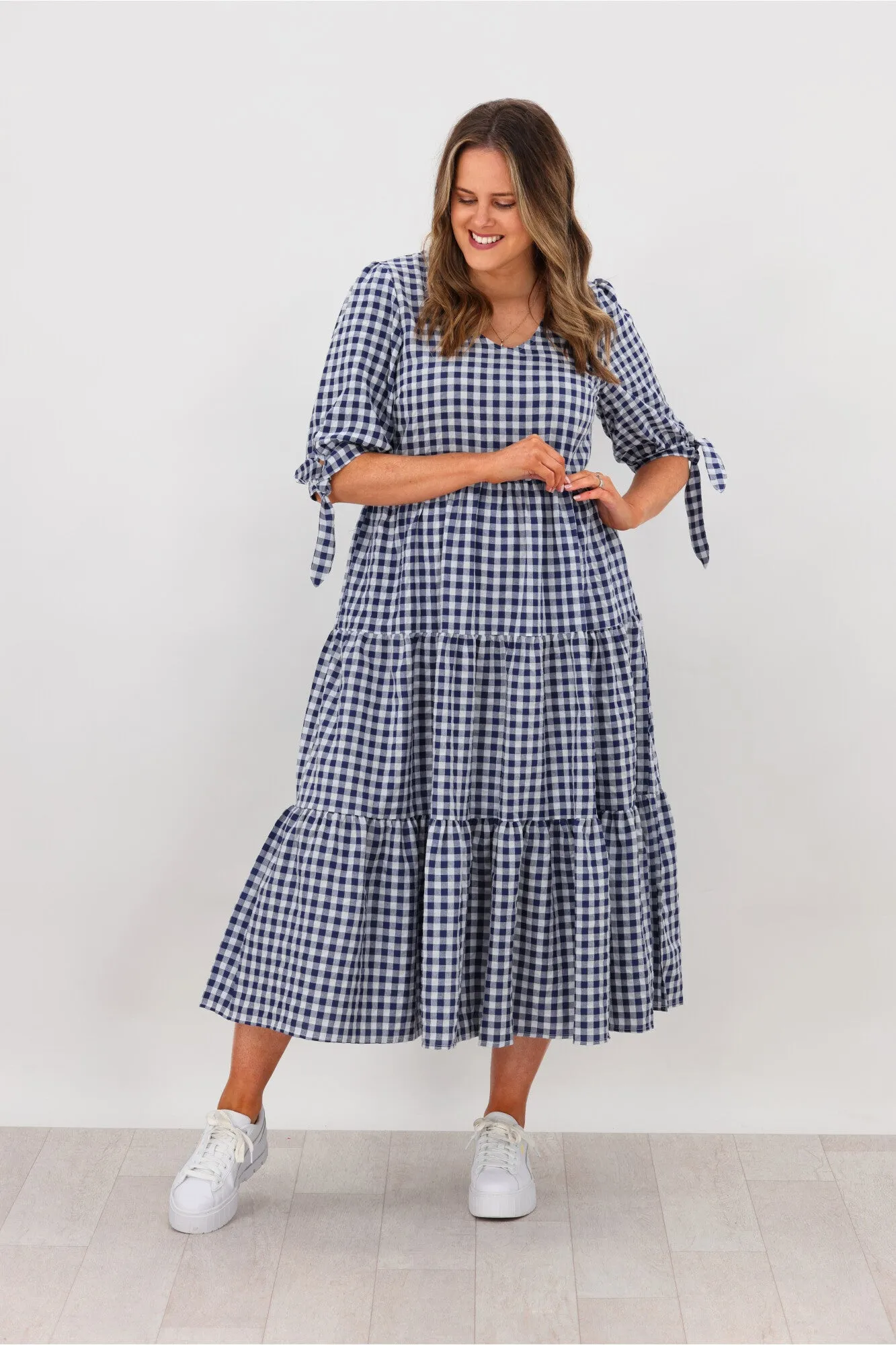 Silver Wishes Gingham Tier Midi Dress Navy sold by Shine On product image thumbnail 4
