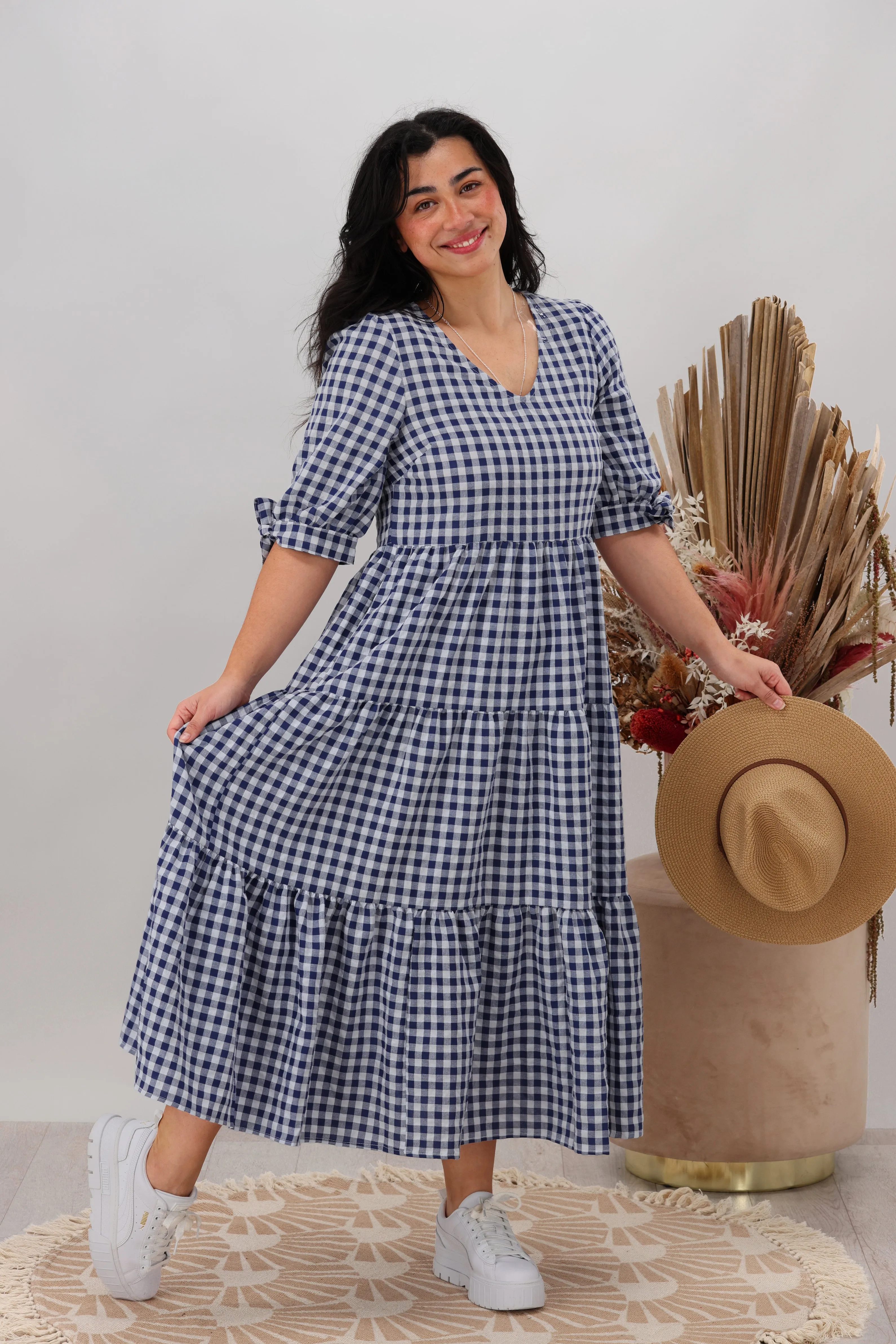 Silver Wishes Gingham Tier Midi Dress Navy sold by Shine On