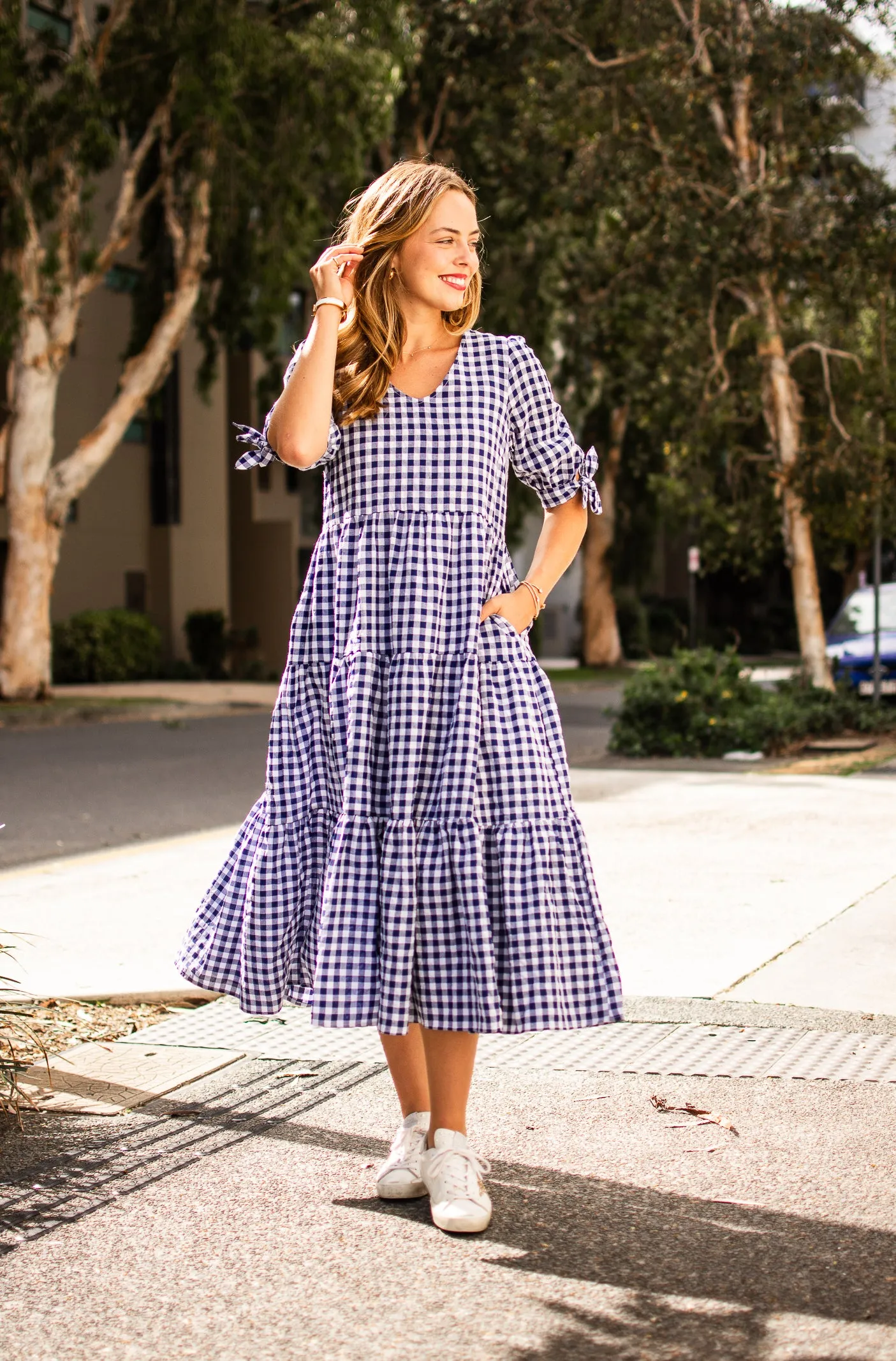 Silver Wishes Gingham Tier Midi Dress Navy sold by Shine On product image thumbnail 5