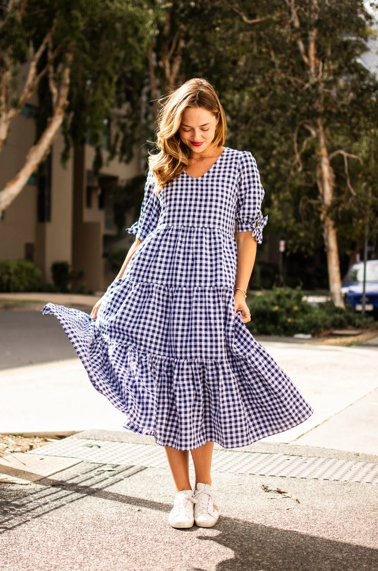 Silver Wishes Gingham Tier Midi Dress Navy sold by Shine On product image thumbnail 2