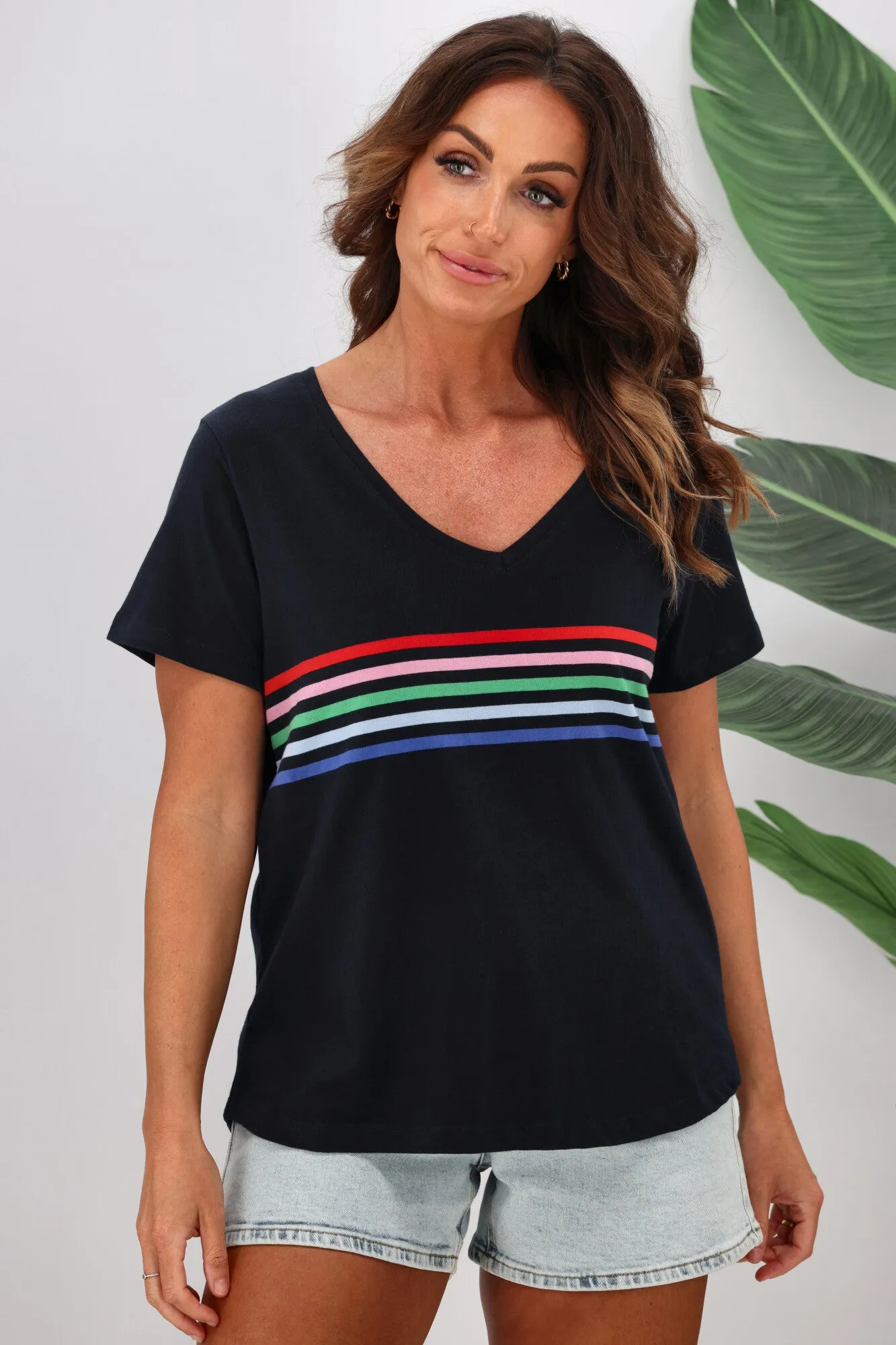 Elm Vertical Vee Neck Rainbow Stripe Tee Navy sold by Shine On product image thumbnail 2
