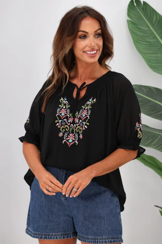 Shine On Label Simone Embroidery Blouse Black sold by Shine On