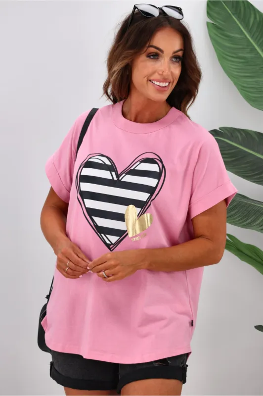 Rebel Club Heartsync Stripe Capsleeve Tee Pink sold by Shine On
