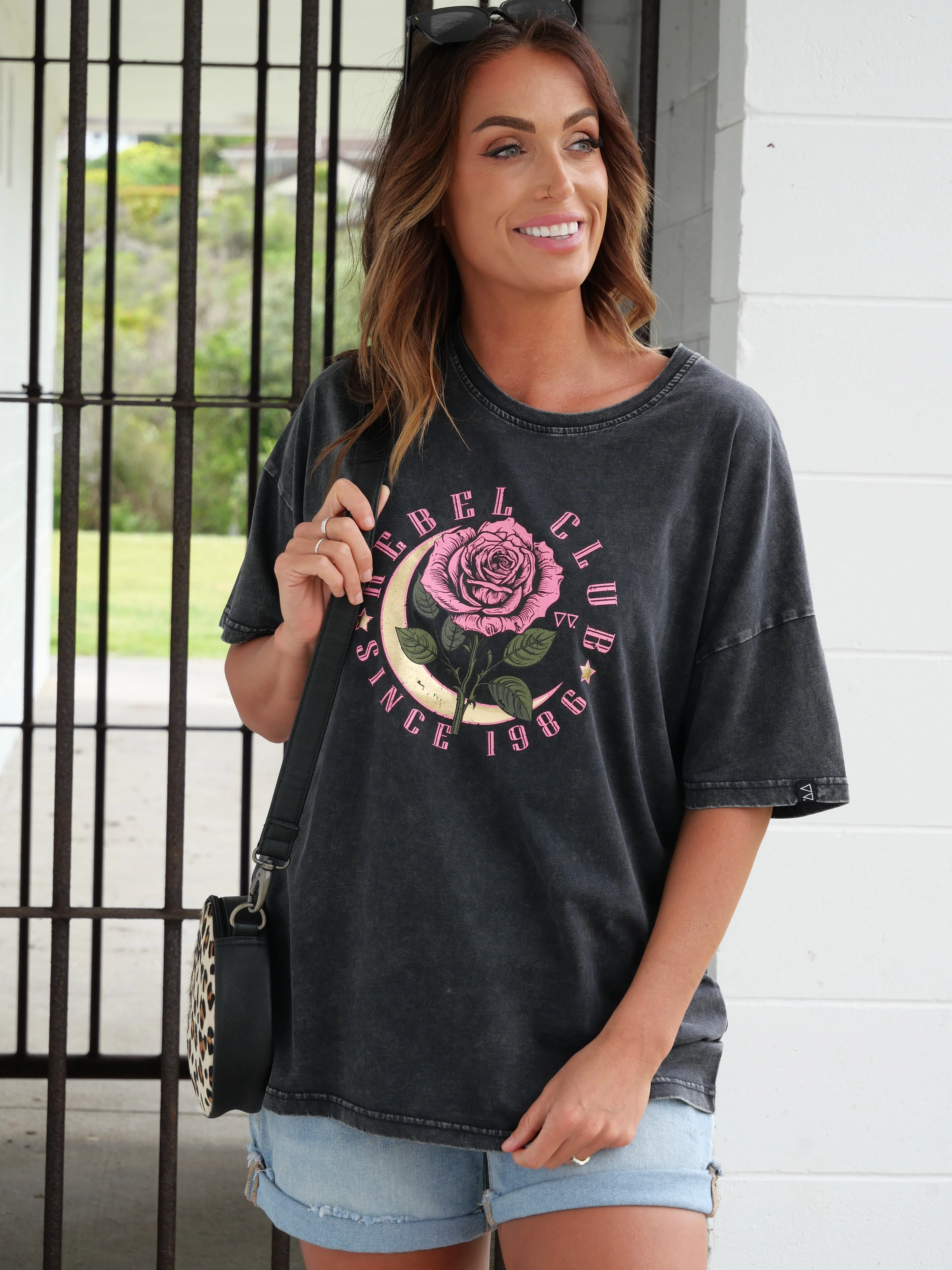 Rebel Club Moon Rose Boyfriend Tee Acid Black sold by Shine On