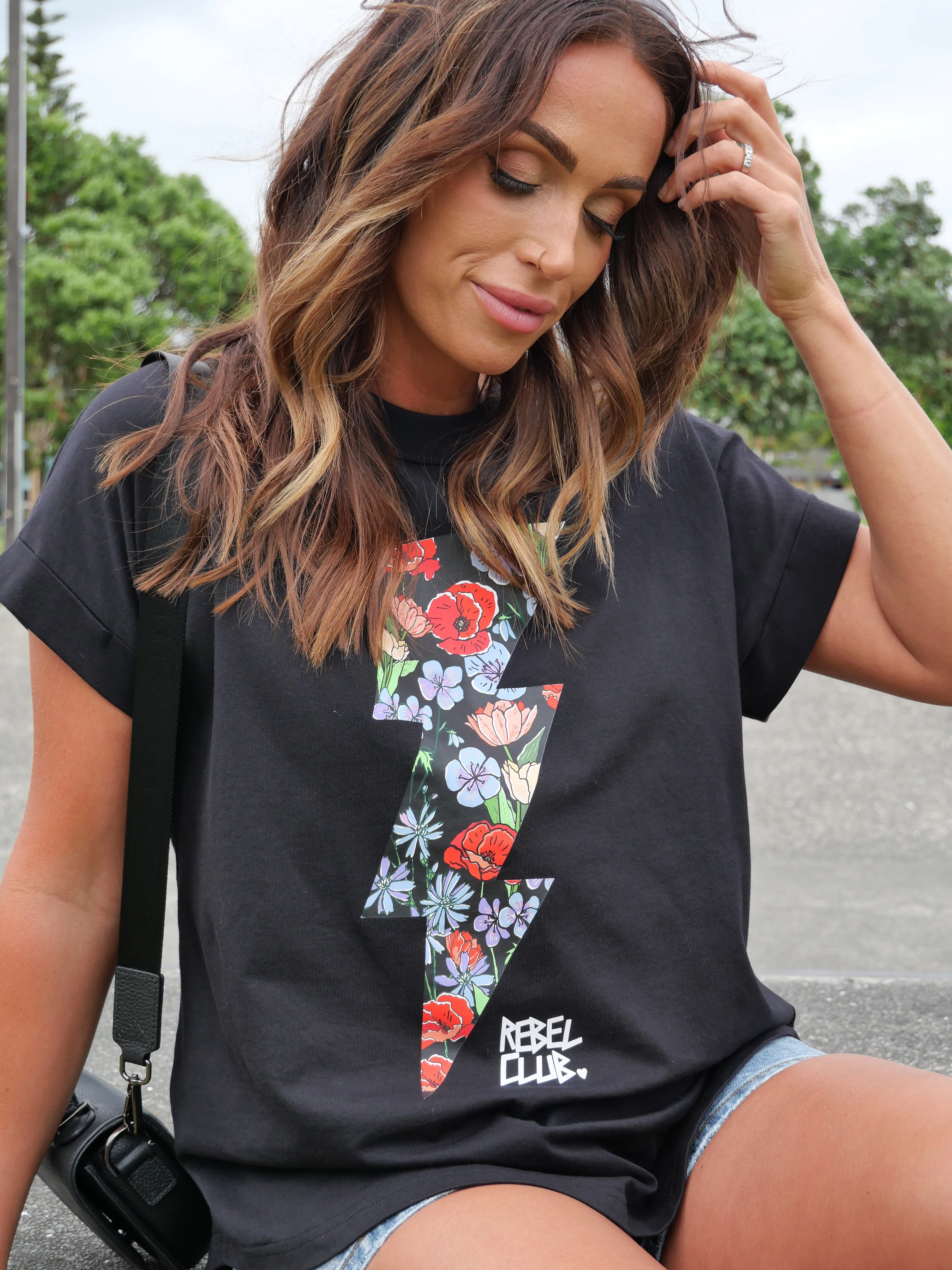 Rebel Club Flower Bolt Cap Sleeve Black sold by Shine On