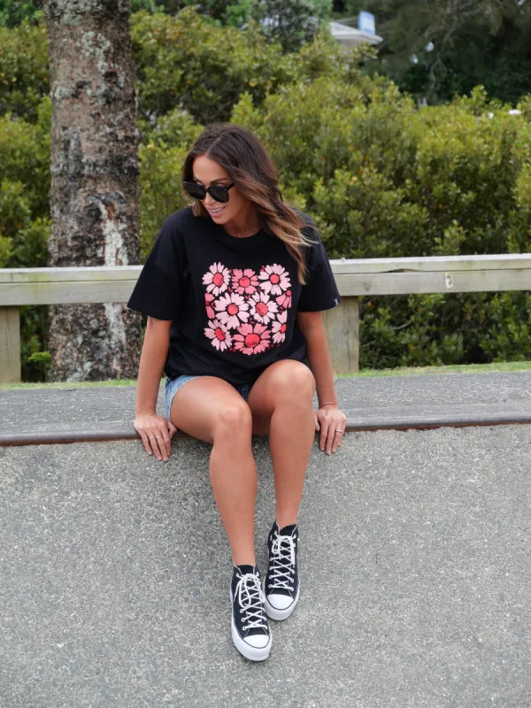 Rebel Club Pink Flower Box Boyfriend Tee Black sold by Shine On