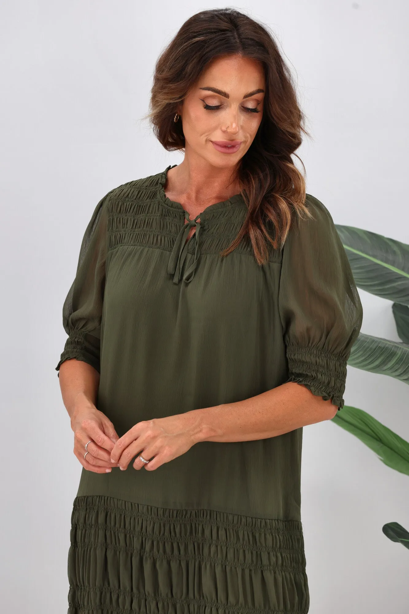 Jane James Vera Shirred Short Sleeve Dress Olive Preorder Late January sold by Shine On product image thumbnail 2
