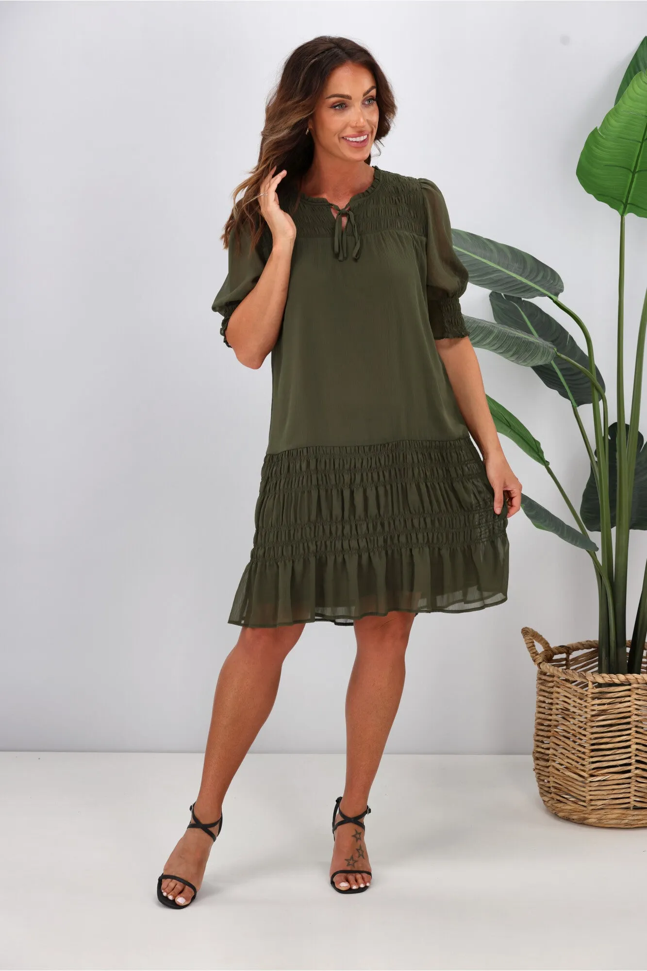 Jane James Vera Shirred Short Sleeve Dress Olive Preorder Late January sold by Shine On product image thumbnail 5