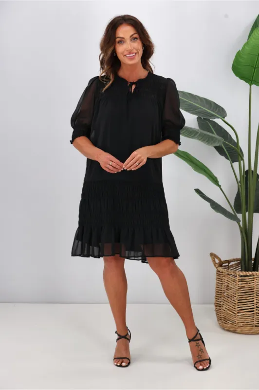 Jane James Vera Shirred Short Sleeve Dress Black Preorder Late January sold by Shine On