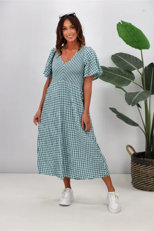 Shine On Label Sumaya Angle Shirred Midi Dress Teal Check sold by Shine On
