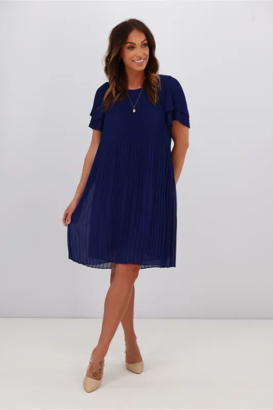 Gloss by Shine On Alberta Pleated Shift Dress Blue sold by Shine On