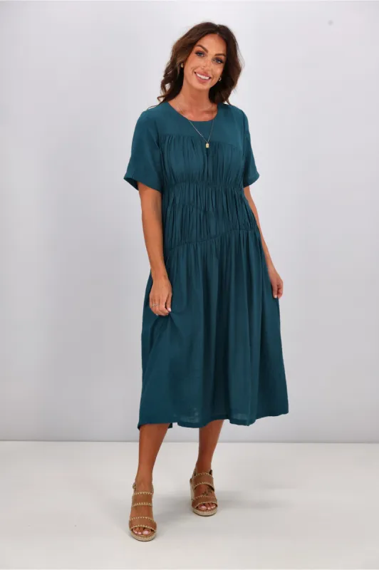 Shine On Label Alesandra Shirred Detail Dress Teal sold by Shine On