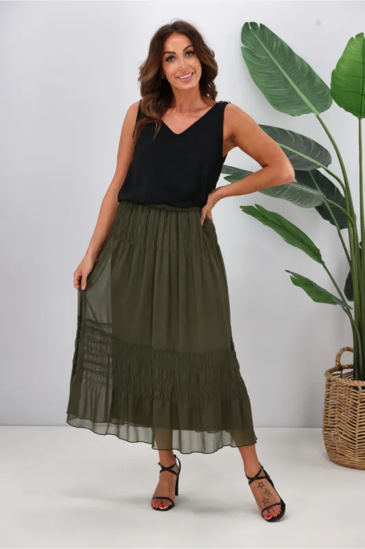 Jane James Gemma Shirred Detail Skirt Olive sold by Shine On