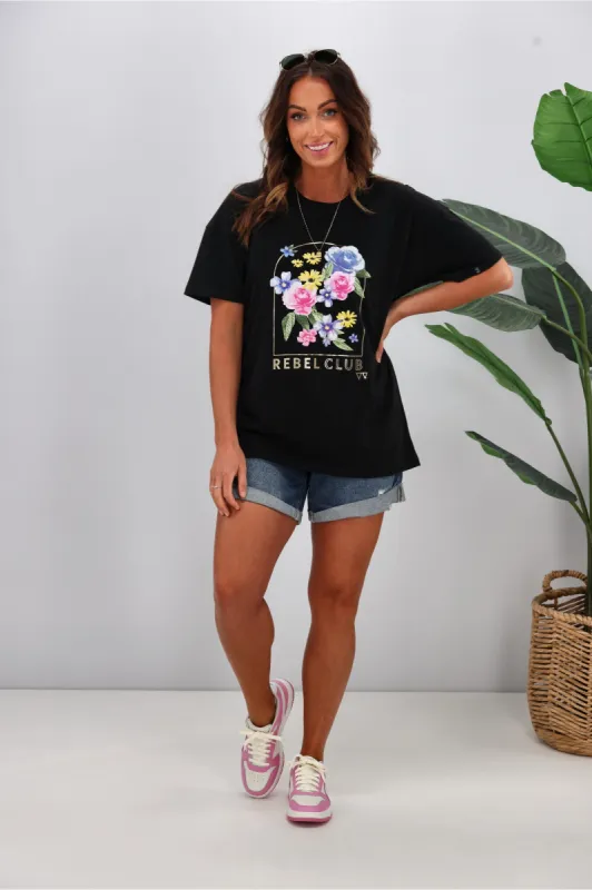 Rebel Club by Shine On Wild Flowers Framed Boyfriend Tee Jet Black sold by Shine On