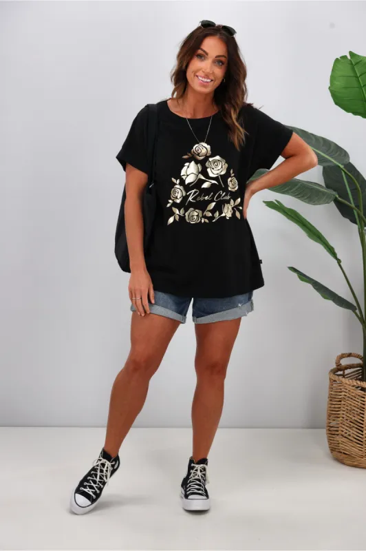 Rebel Club by Shine On Botanical Bliss Cap Sleeve Tee Jet Black sold by Shine On
