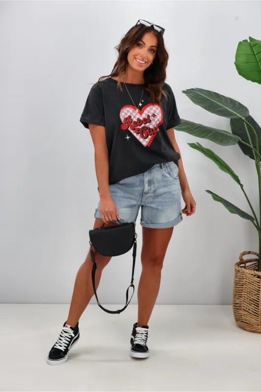 Rebel Club by Shine On Checkered Charm Love Cap Sleeve Tee Acid Black sold by Shine On