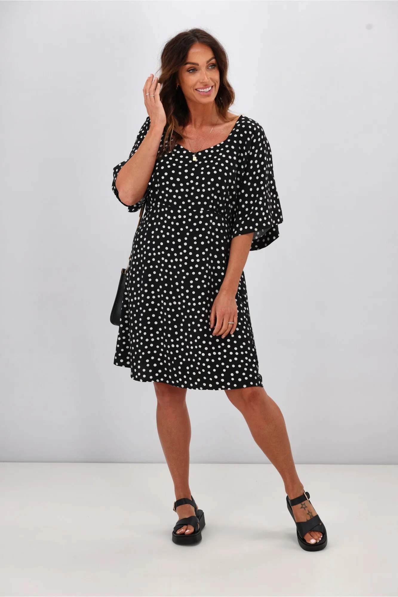 Gloss by Shine On Erin Kimono Sleeve Dress Black Polka Dot sold by Shine On