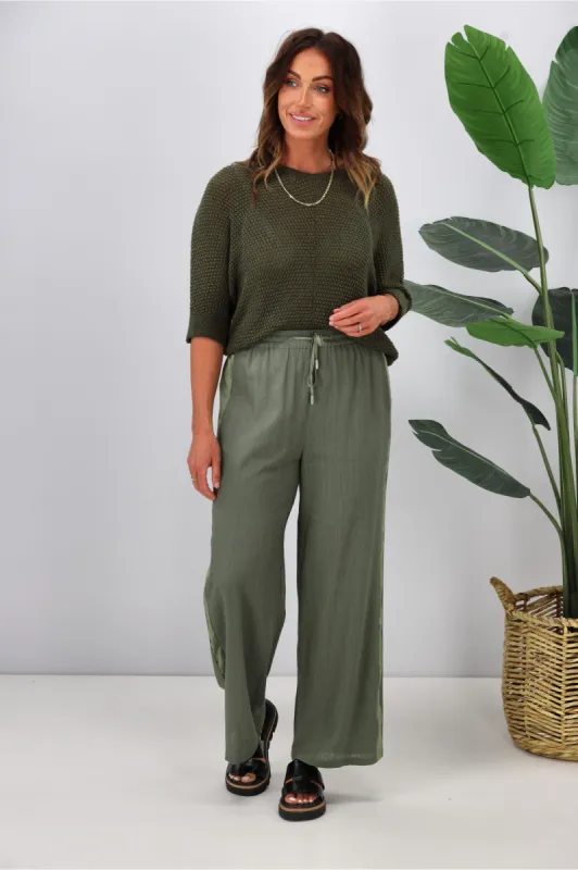 Jane James Renee Linen Look Pant With Satin Stripe Sage sold by Shine On
