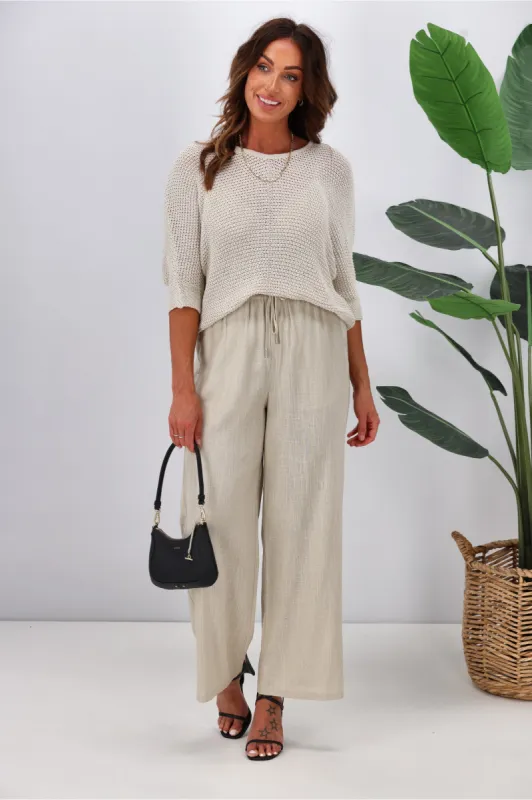 Jane James Renee Linen Look Pant With Satin Stripe Stone sold by Shine On