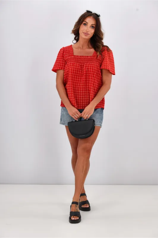 Shine On Label Emmeline Square Neck Shirred Top Red sold by Shine On