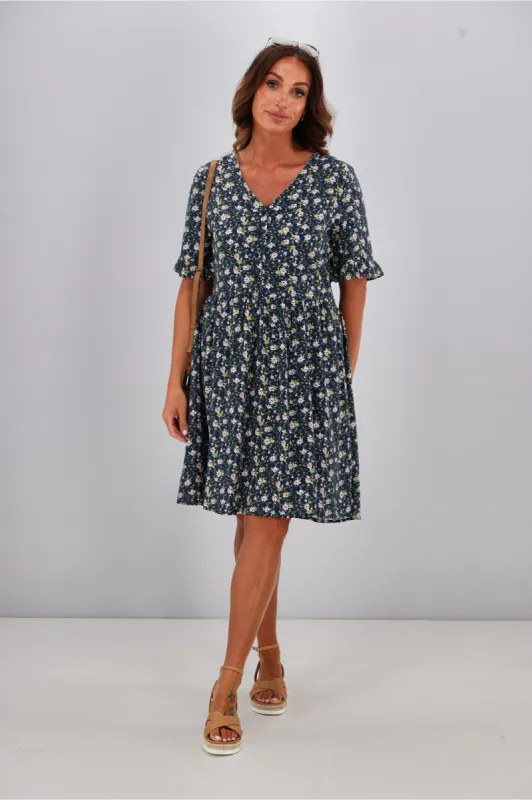 Gloss by Shine On Sacha Frill Sleeve Dress Black Ditsy sold by Shine On