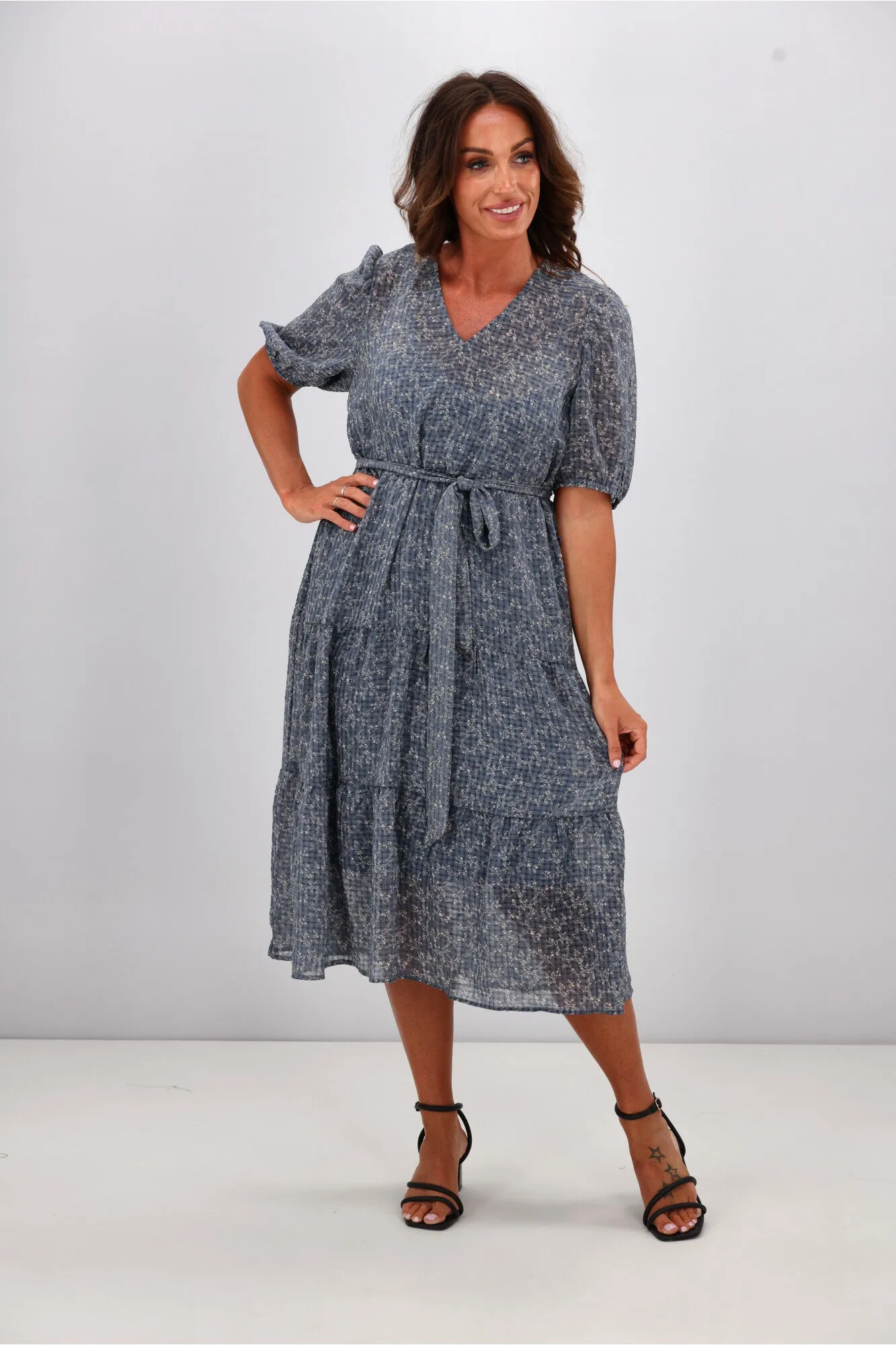 Gloss by Shine On Kaylee Puffed Sleeve Dress Check Floral Chiffon Blue sold by Shine On product image thumbnail 3
