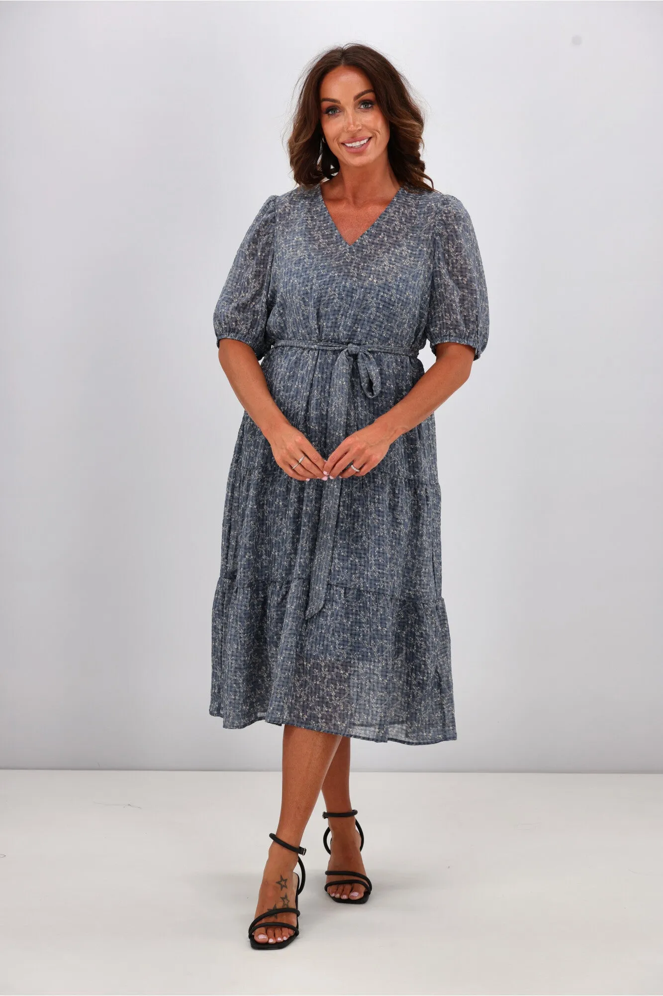 Gloss by Shine On Kaylee Puffed Sleeve Dress Check Floral Chiffon Blue sold by Shine On product image thumbnail 4