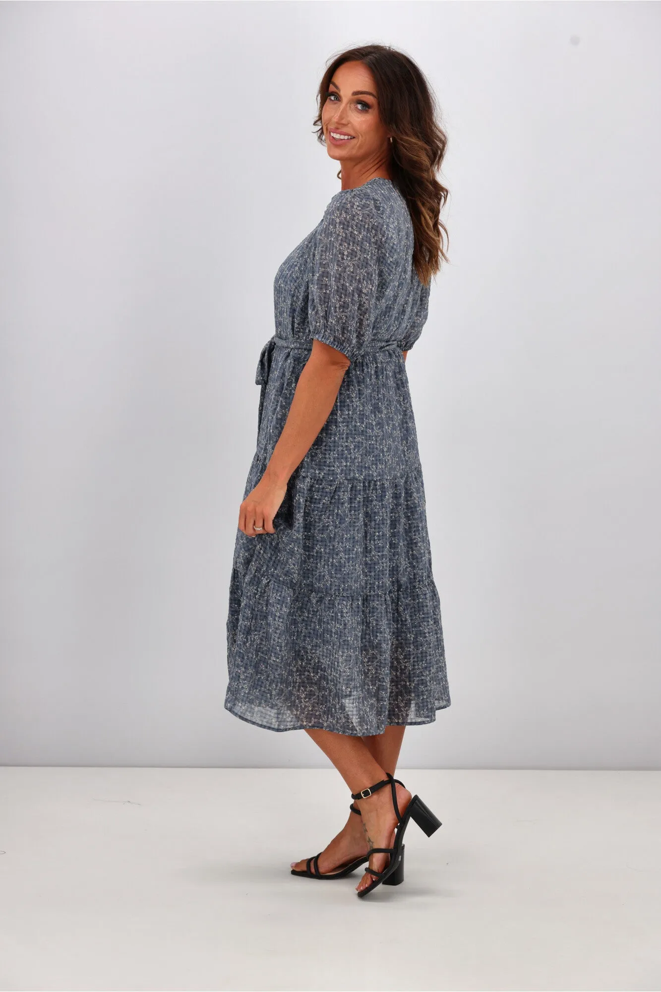 Gloss by Shine On Kaylee Puffed Sleeve Dress Check Floral Chiffon Blue sold by Shine On product image thumbnail 5