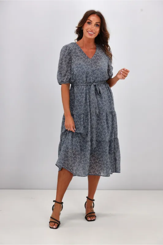 Gloss by Shine On Kaylee Puffed Sleeve Dress Check Floral Chiffon Blue sold by Shine On