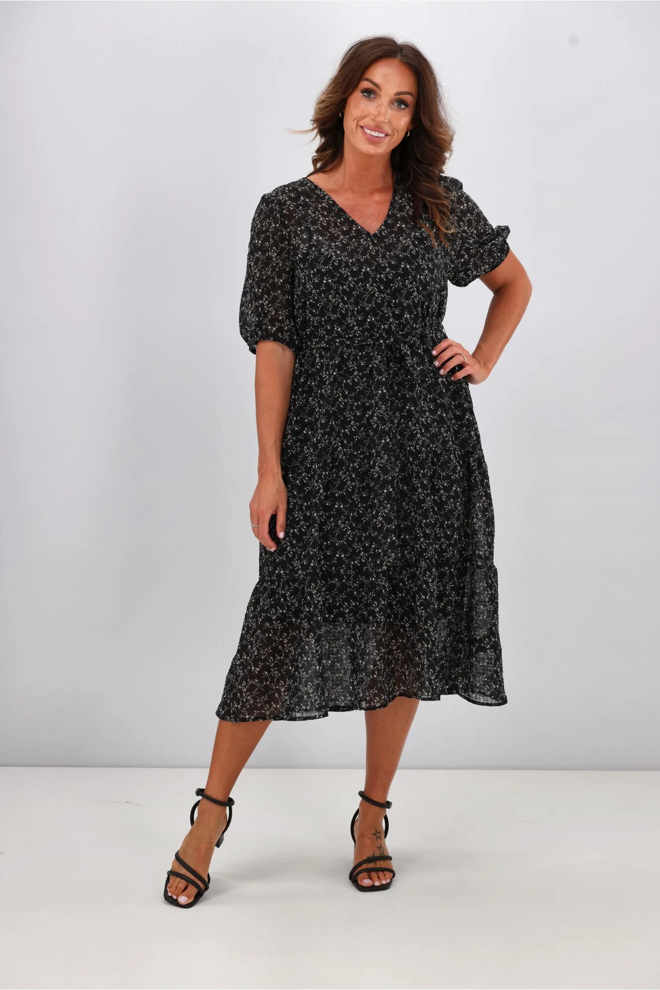 Gloss by Shine On Kaylee Puffed Sleeve Dress Check Floral Chiffon Black sold by Shine On product image thumbnail 3