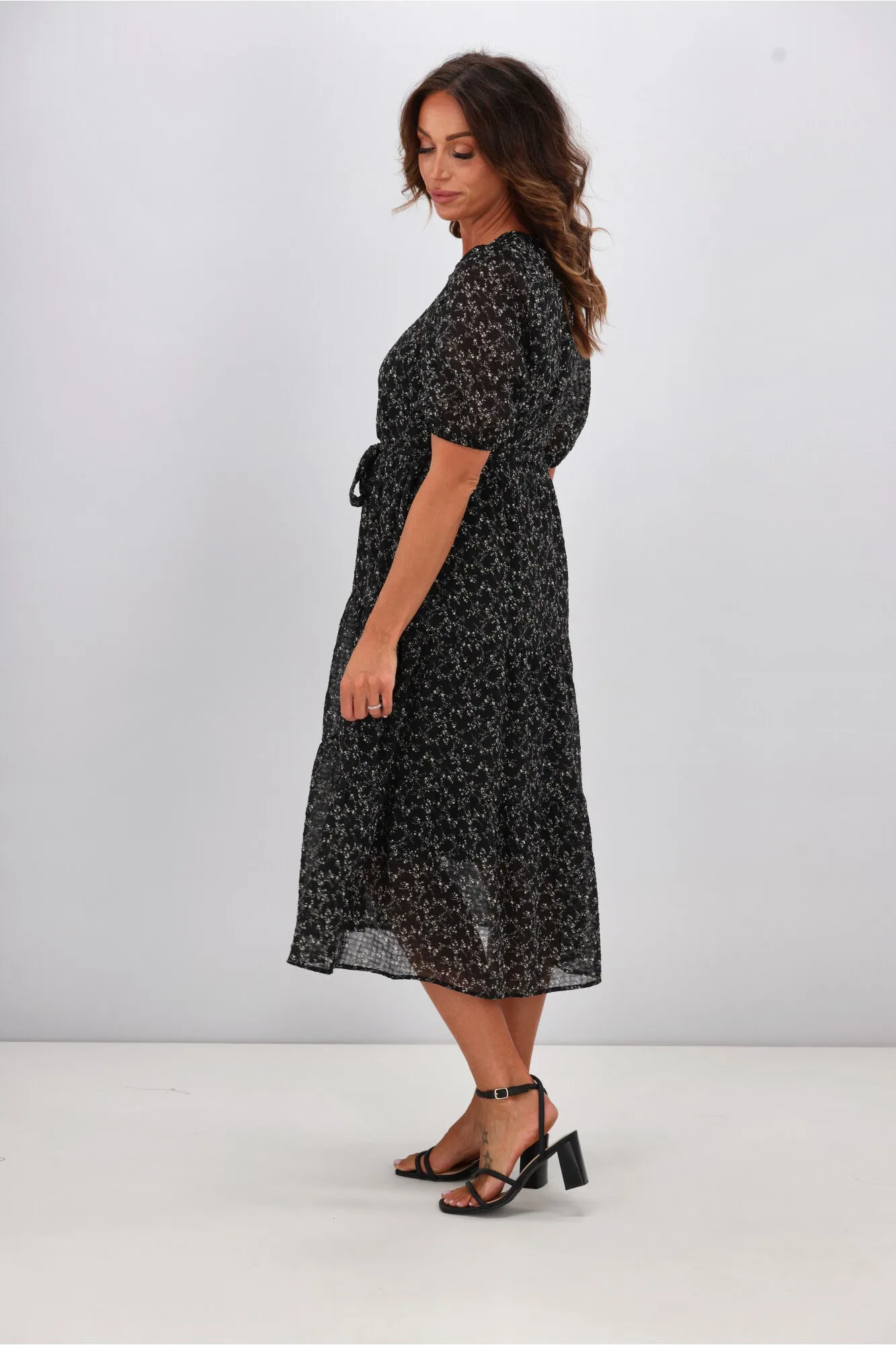 Gloss by Shine On Kaylee Puffed Sleeve Dress Check Floral Chiffon Black sold by Shine On product image thumbnail 5