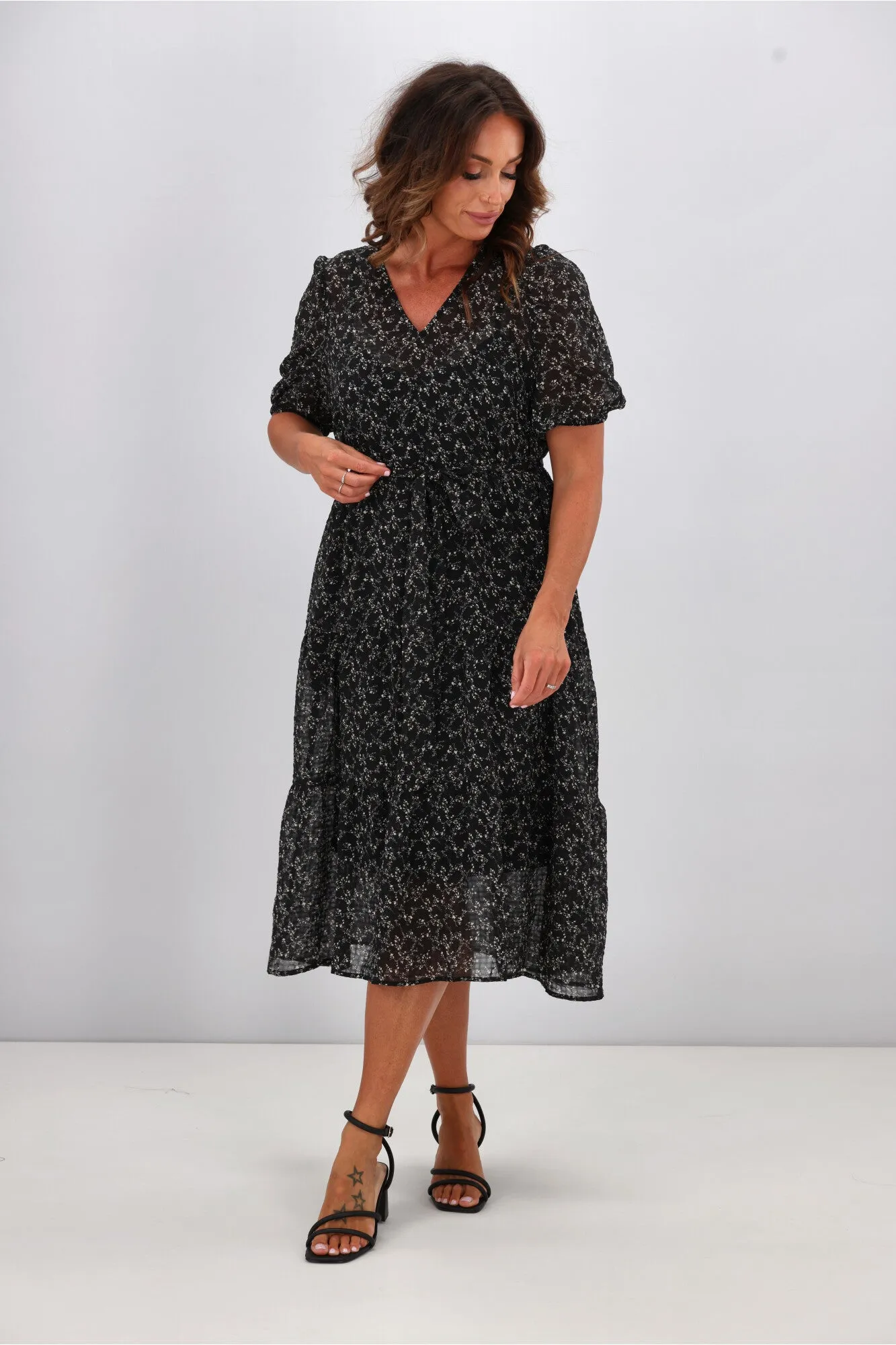Gloss by Shine On Kaylee Puffed Sleeve Dress Check Floral Chiffon Black sold by Shine On product image thumbnail 4